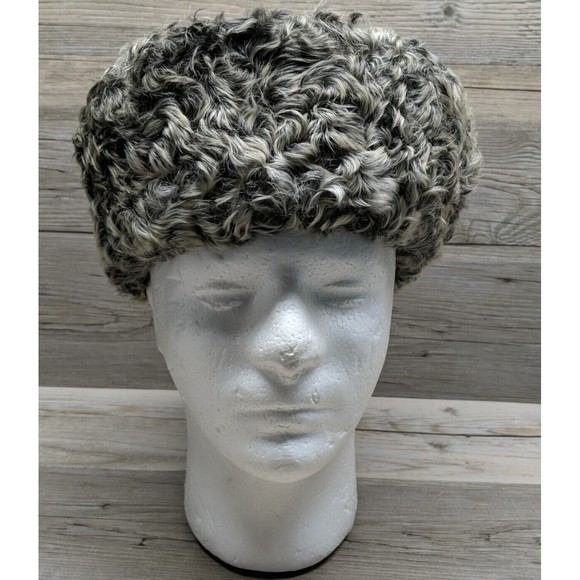 Vintage Curly Lamb Fur Pillbox Hat Gray White Black Small No Tags - Picture 1 of 8